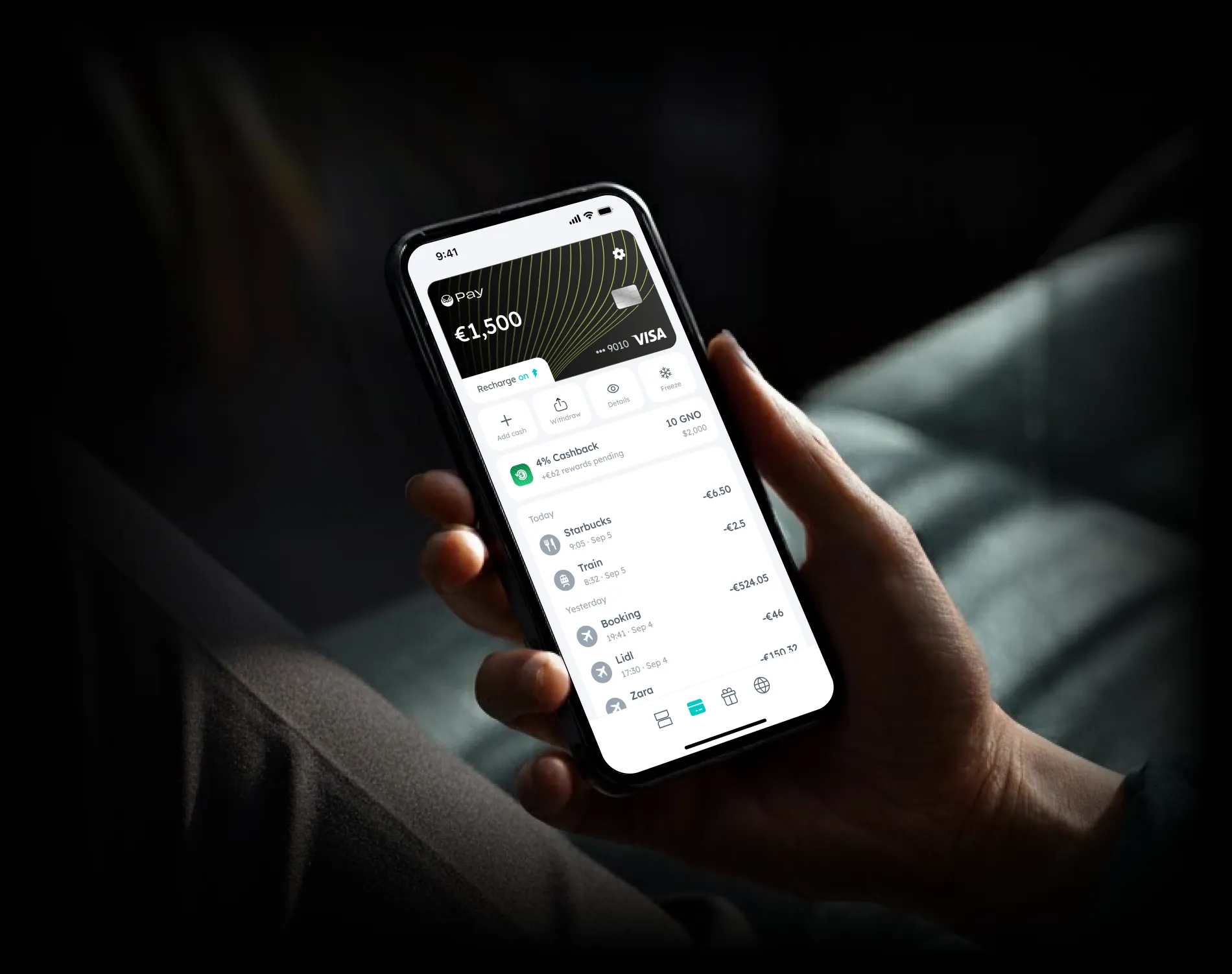 User viewing Gnosis Pay card details, transaction activity, and cashback earnings in the Zeal mobile app.