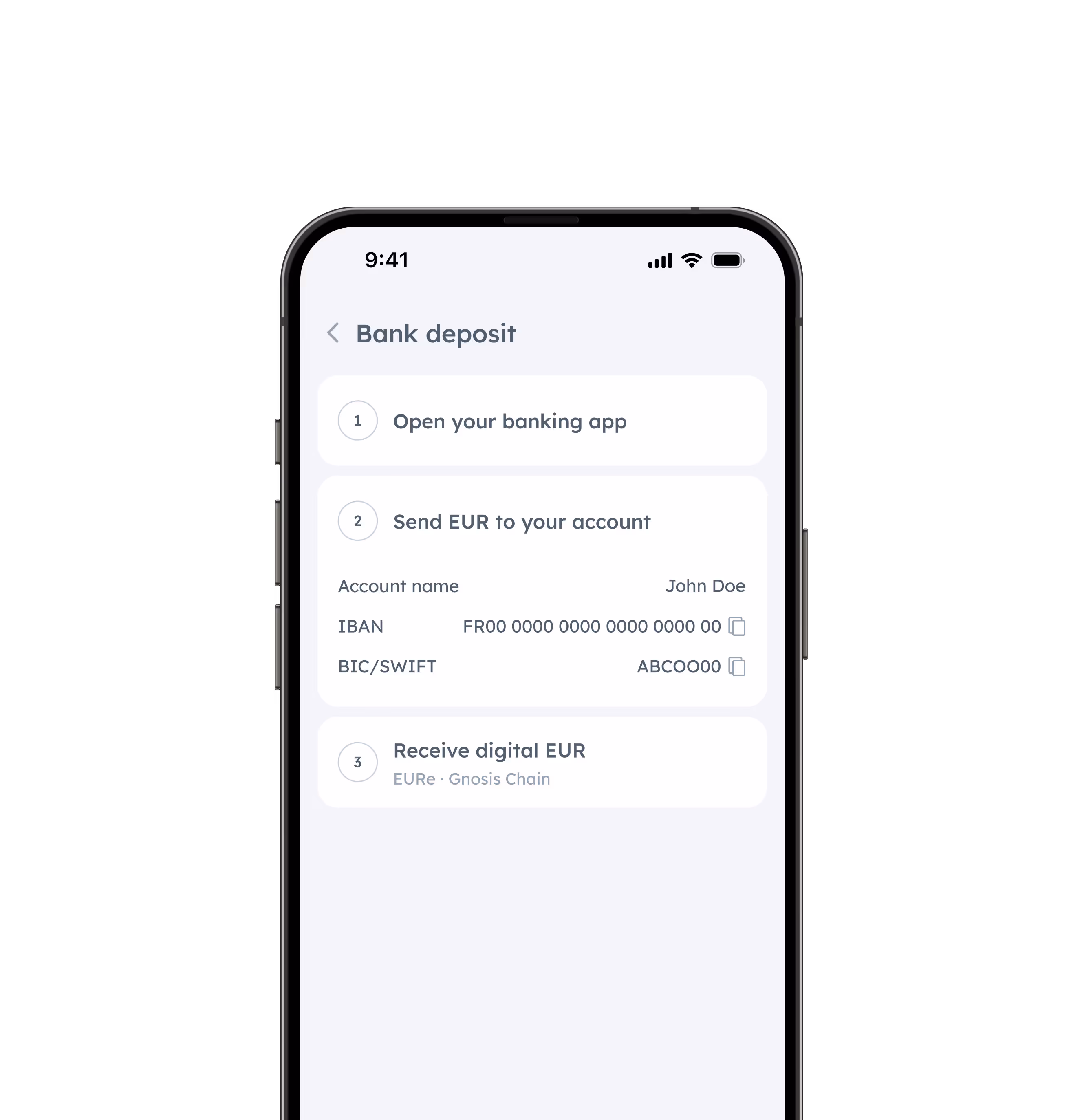 Zeal app Bank Deposit screen with step-by-step instructions and user's personal IBAN and BIC/SWIFT details for transferring EUR.