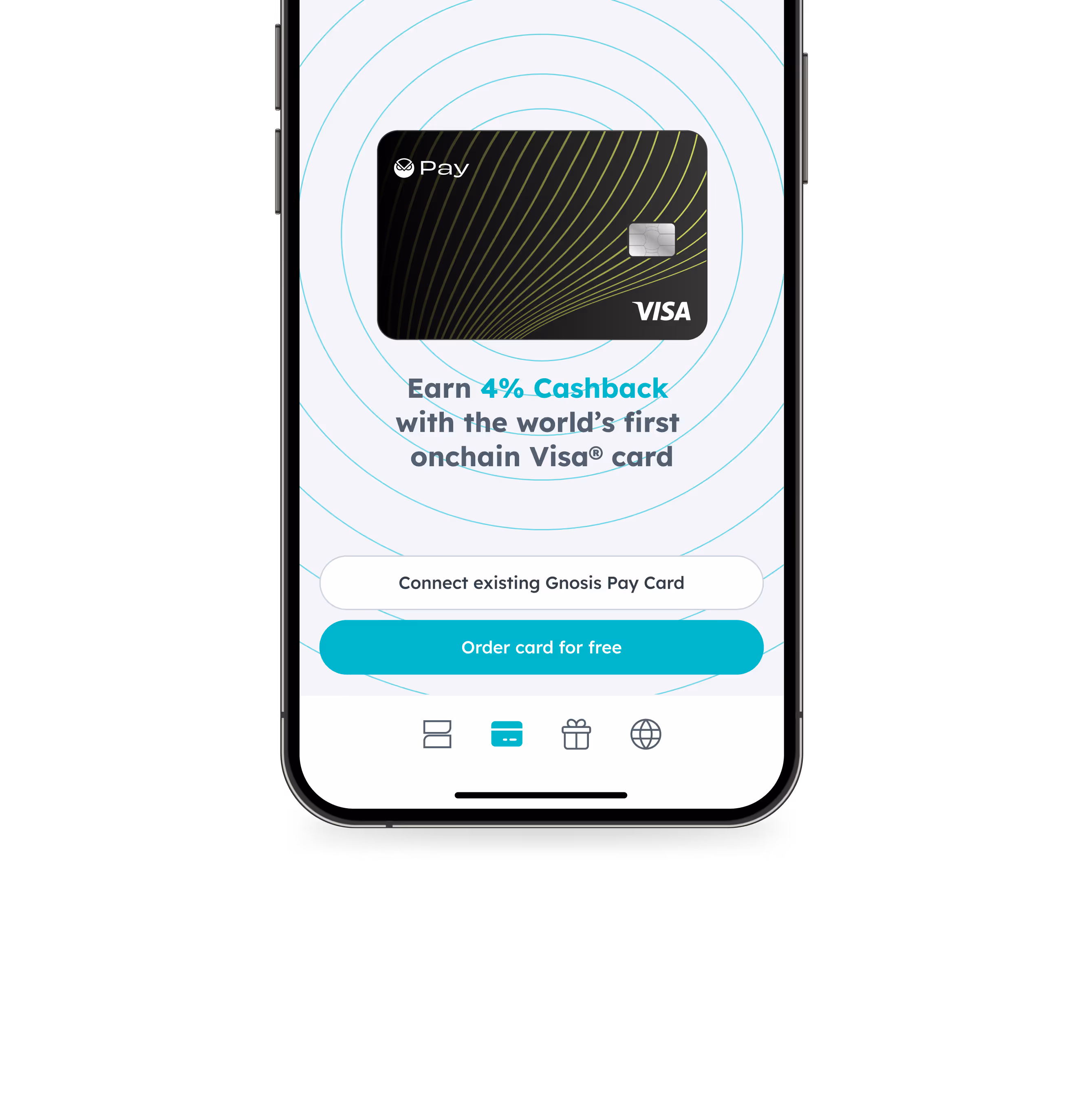 Zeal app screen promoting 4% cashback with the Gnosis Pay onchain Visa card, featuring buttons to connect existing card or order a new one for free.