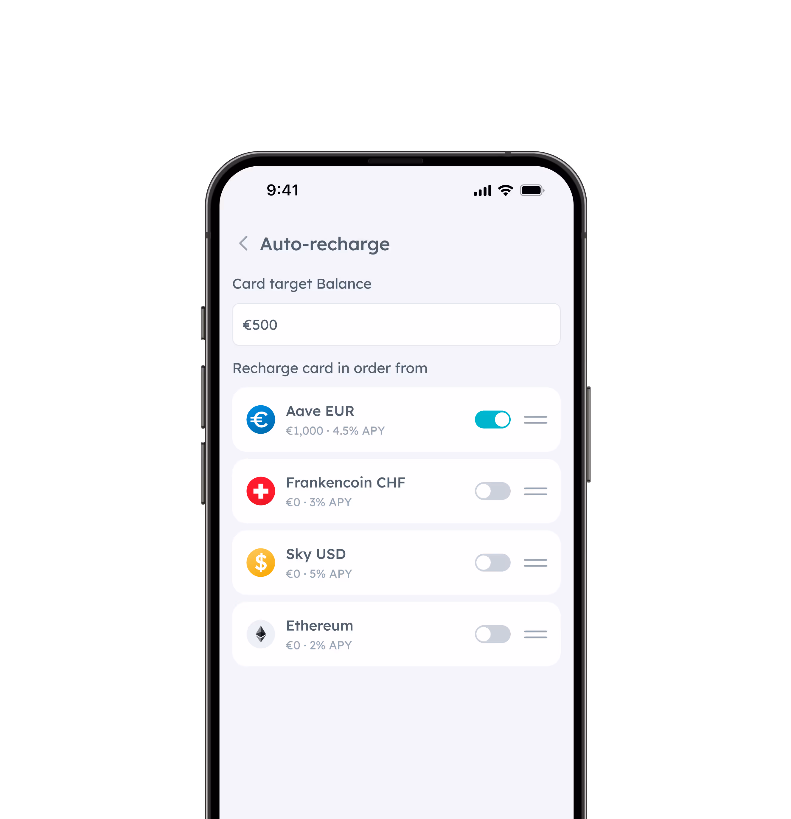Zeal app Auto-recharge screen showing user setting a €500 card target balance and selecting high-yield accounts like Aave EUR (4.5% APY) for fund withdrawal.